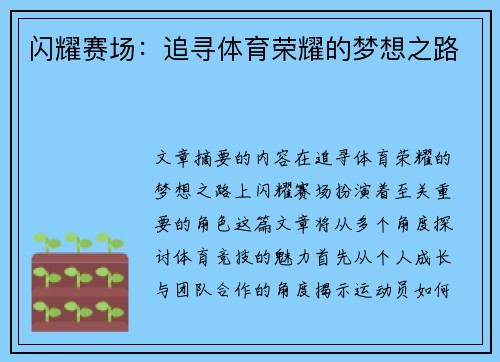 闪耀赛场：追寻体育荣耀的梦想之路